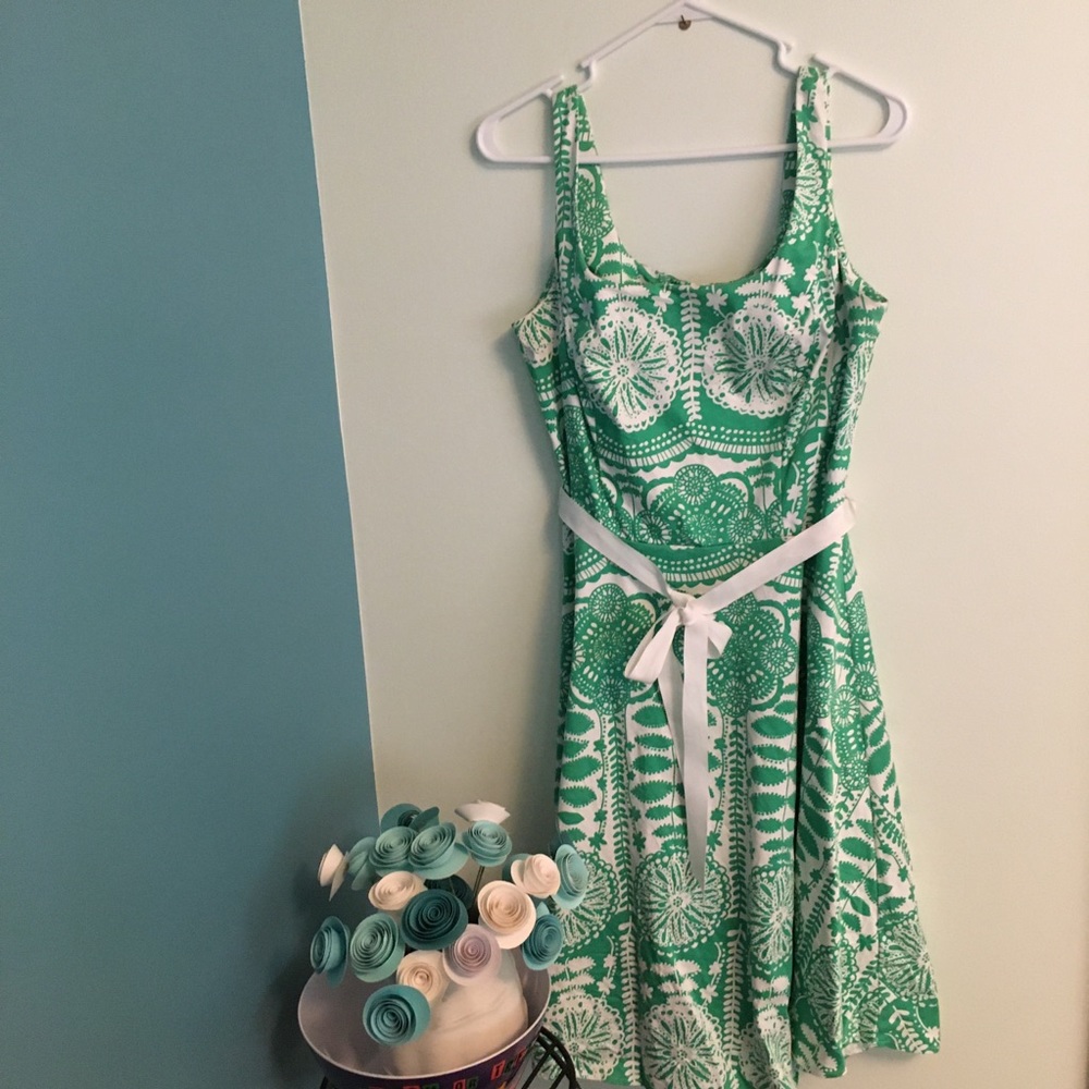 Y2K Cute green & white Citi dress w/ ribbon sash size 10